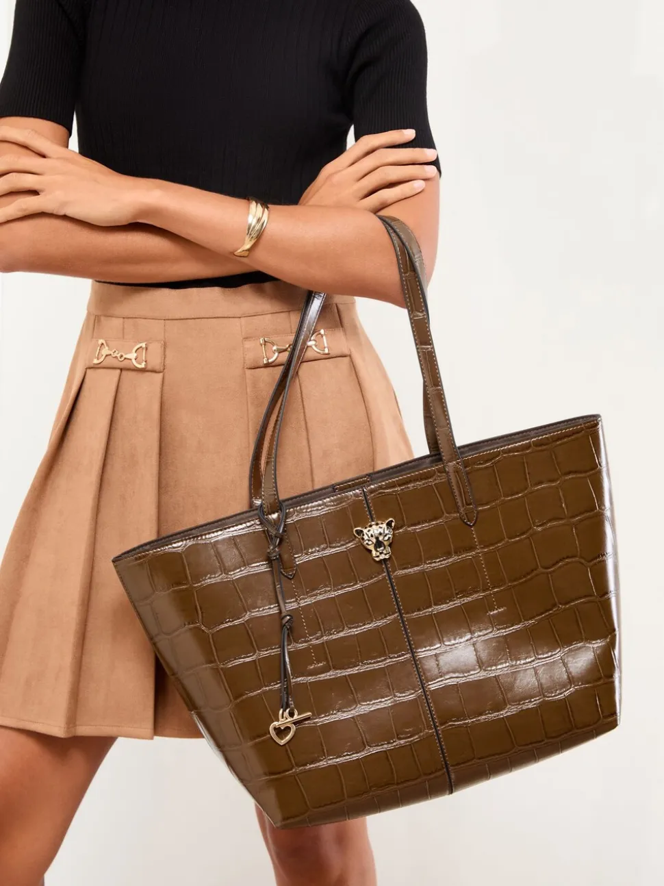 Lipsy Chocolate Brown Croc Effect Shopper Tote Bag
