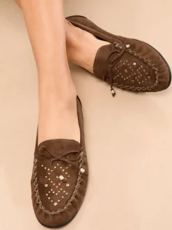 Lipsy Chocolate Brown Faux Leather Studded Casual Moccasin Loafers