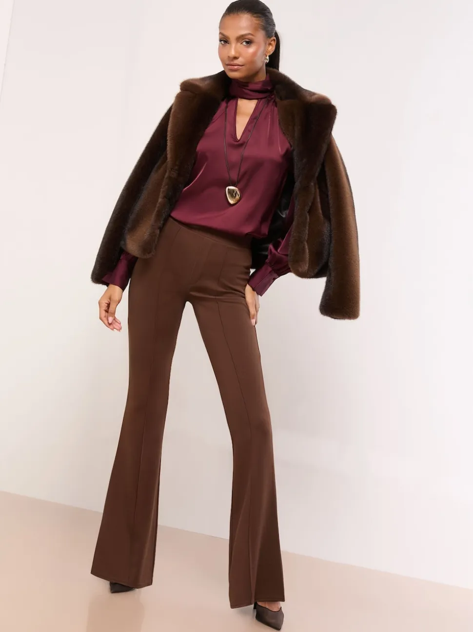 Lipsy Chocolate Brown High Waisted Contour Bootleg Flared Trousers