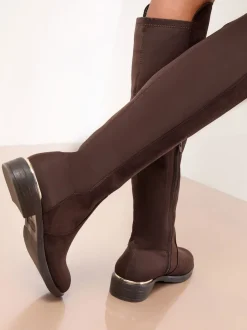 Lipsy Chocolate Brown Standard fit Faux Suede Elasticated Flat Knee High Casual Boots