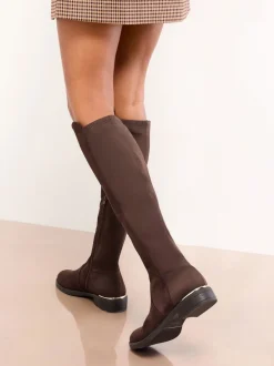Lipsy Chocolate Brown Wide Fit Faux Suede Elasticated Flat Knee High Casual Boots