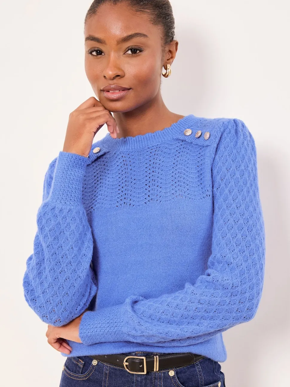 Lipsy Cobalt Blue Buttoned Pointelle Stitch Long Sleeve Crew Neck Knit Jumper