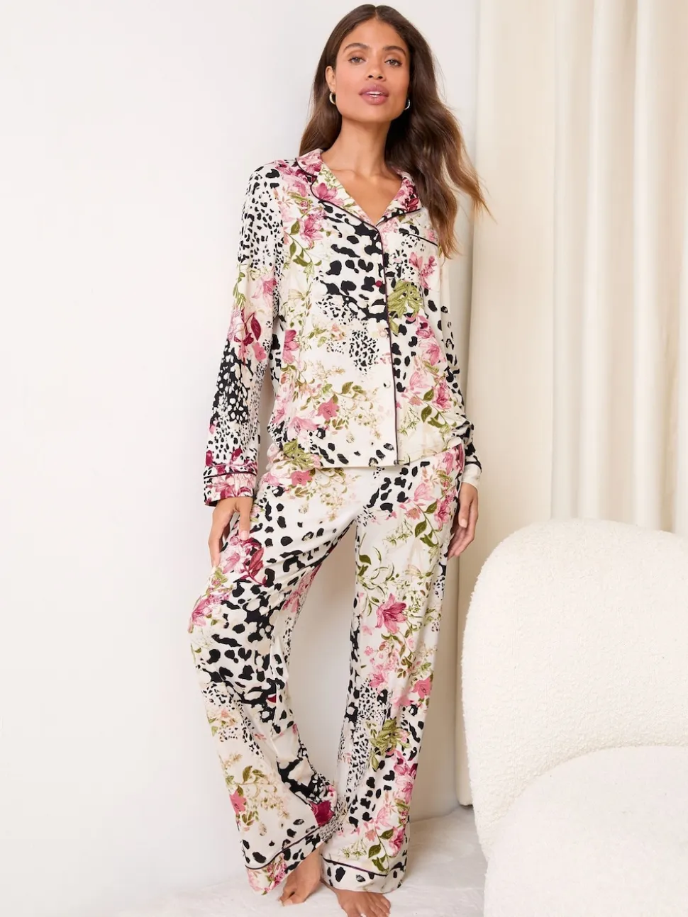 Lipsy Cream Animal Floral Print Jersey Long Sleeve and Trousers Satin Trim Pyjamas Set