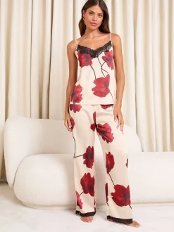 Lipsy Cream Red Poppy Print Cami and Trousers Satin Pyjamas Set