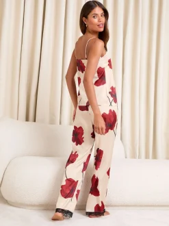 Lipsy Cream Red Poppy Print Cami and Trousers Satin Pyjamas Set