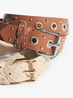 Lipsy Cream Weave and Tan Stud Belts 2 Pack