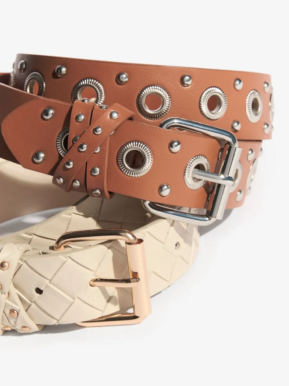 Lipsy Cream Weave and Tan Stud Belts 2 Pack