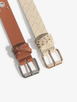 Lipsy Cream Weave and Tan Stud Belts 2 Pack