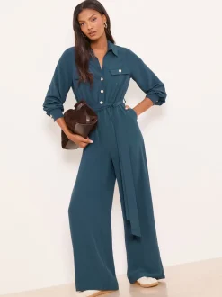 Lipsy Dark Green Petite Utility Belted Military Buttoned V-Neck Jumpsuit