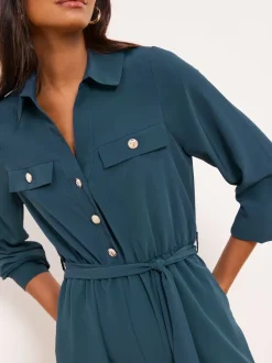 Lipsy Dark Green Petite Utility Belted Military Buttoned V-Neck Jumpsuit