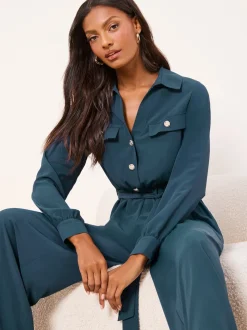 Lipsy Dark Green Petite Utility Belted Military Buttoned V-Neck Jumpsuit