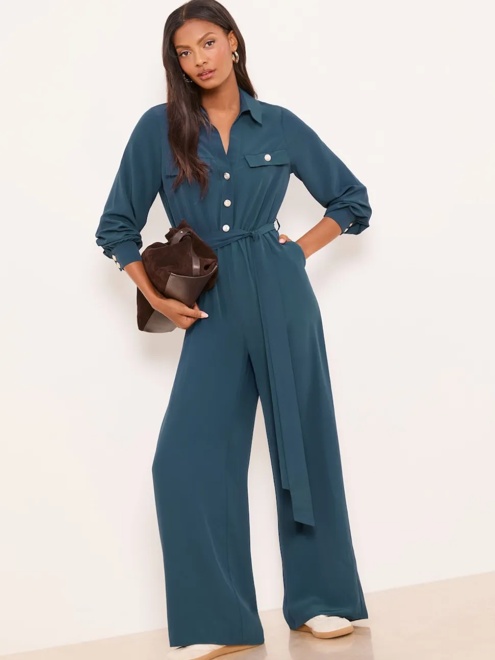 Lipsy Dark Green Utility Belted Military Buttoned V-Neck Jumpsuit