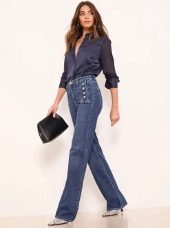 Lipsy Dark Wash Blue Petite Sailor Button Flared Leg Jeans