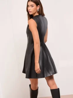 Lipsy Faux Leather Black Studded Mini Fit and Flare Dress