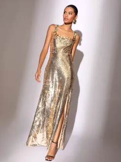 Lipsy Gold Petite Premium Flower Trim Sequin Square Neck Maxi Dress
