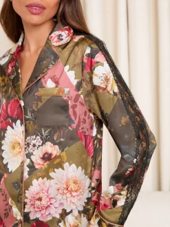 Lipsy Green Floral Satin Long Sleeve Pyjamas Set with Lace Details