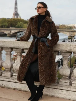Lipsy Leopard Print Faux-Fur Belted Longline Coat