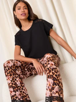Lipsy Leopard Print Lace Trim Jersey Short Sleeve Trousers Pyjamas Set