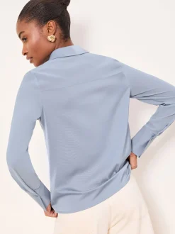 Lipsy Light Blue Long Sleeve Satin Chiffon Mix Shirt