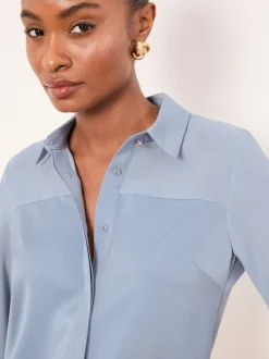 Lipsy Light Blue Long Sleeve Satin Chiffon Mix Shirt