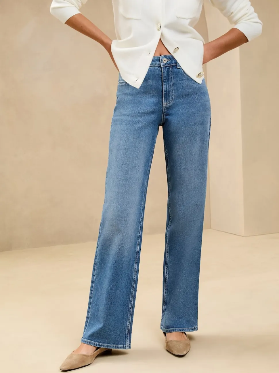 Lipsy Mid Wash Blue Mid Rise Wide Leg Jeans