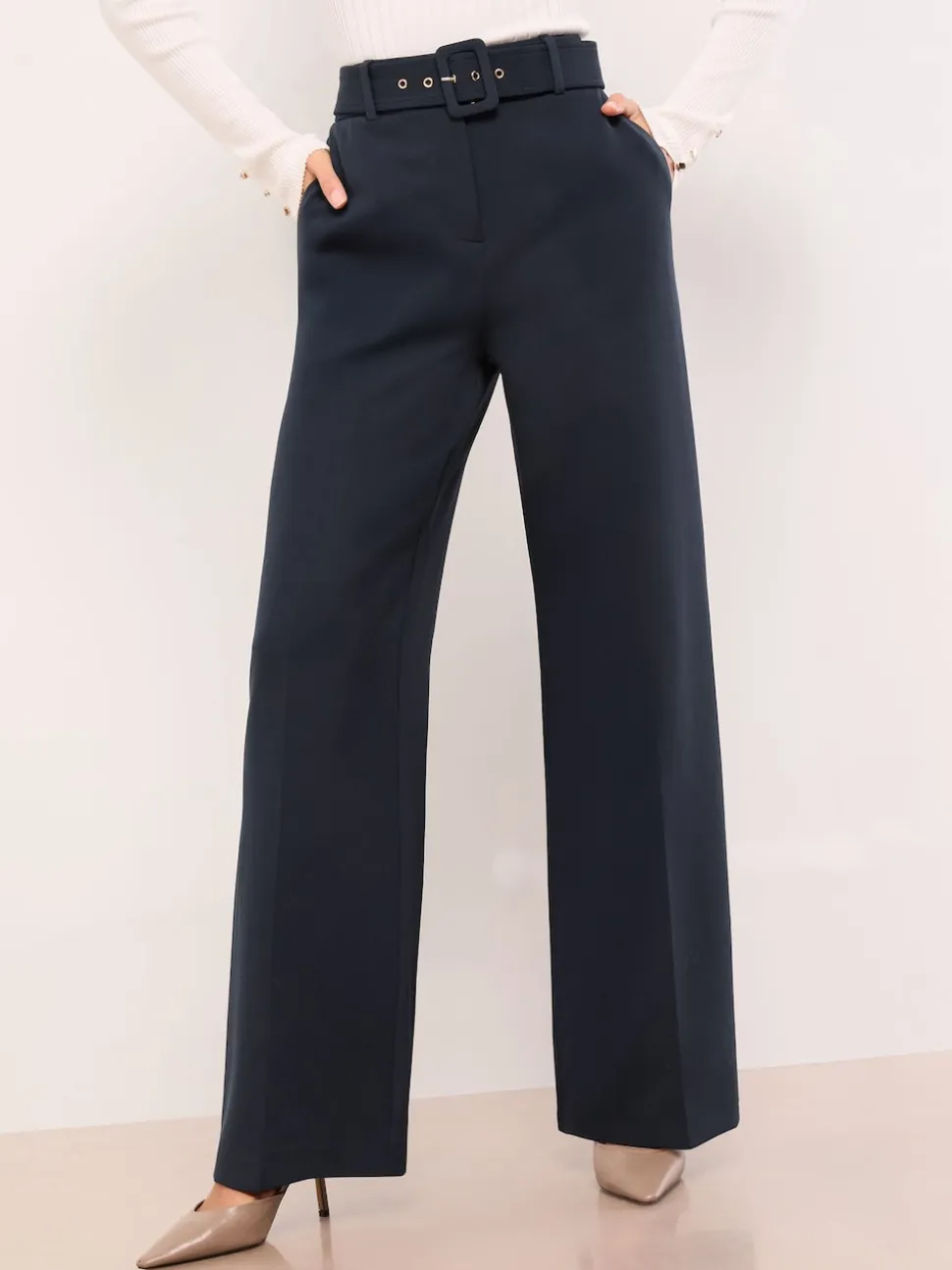 Lipsy Navy Blue Belted Tailored Wide Leg Trousers