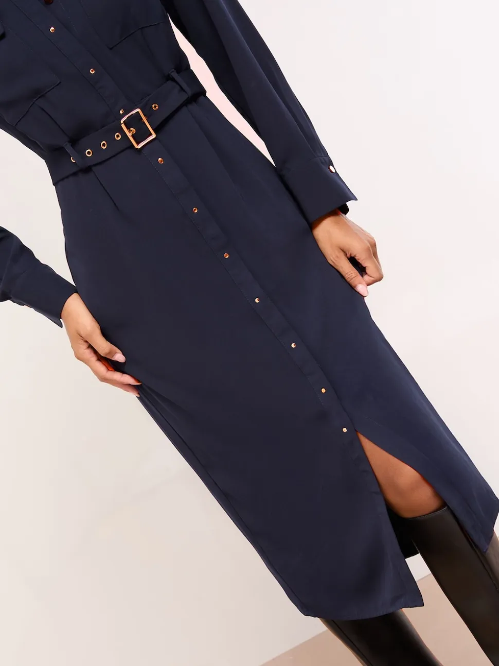 Lipsy Navy Blue Grandad Collar Belted Midi Button Through Shirt Dress