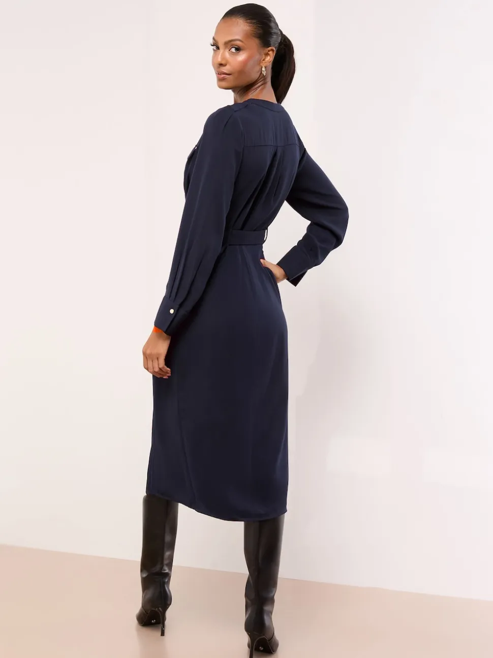 Lipsy Navy Blue Grandad Collar Belted Midi Button Through Shirt Dress