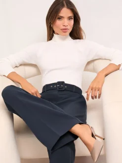 Lipsy Navy Blue Petite Belted Tailored Wide Leg Trousers