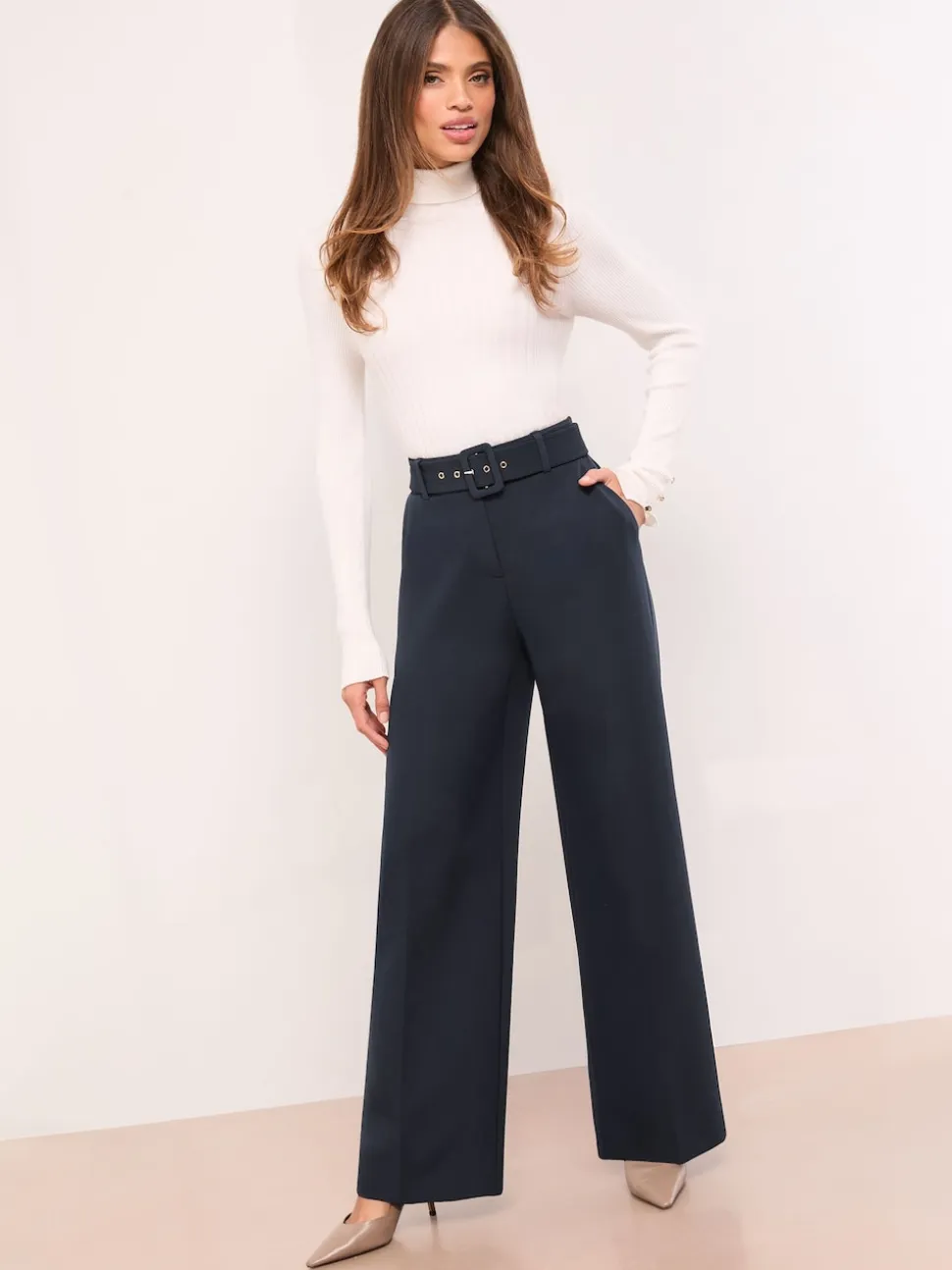 Lipsy Navy Blue Petite Belted Tailored Wide Leg Trousers