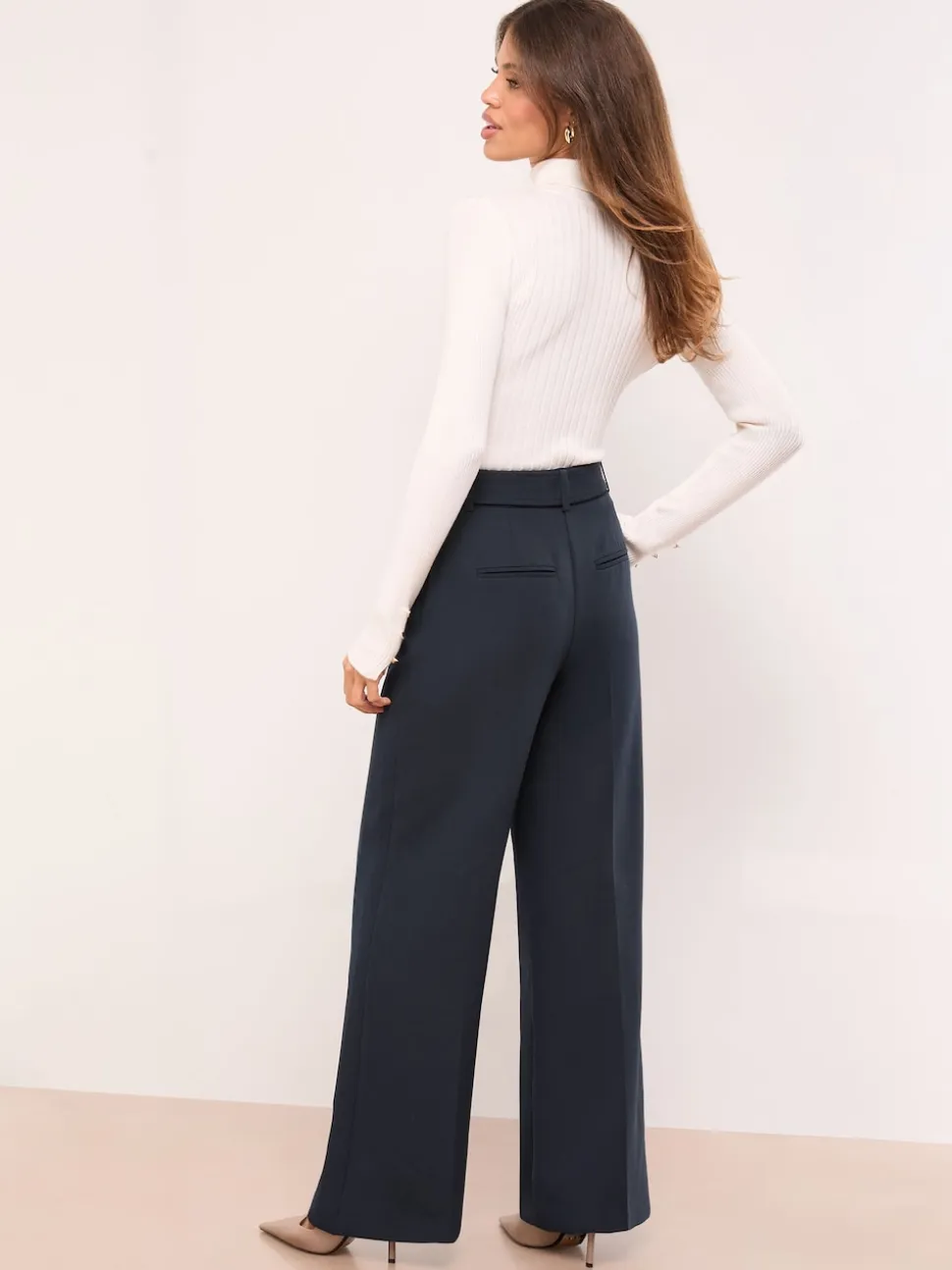 Lipsy Navy Blue Petite Belted Tailored Wide Leg Trousers