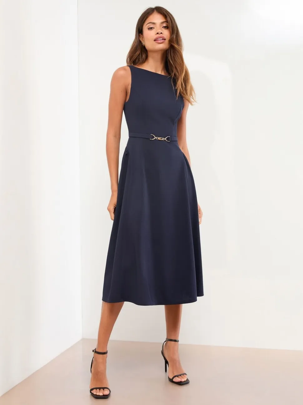 Lipsy Navy Blue Sleeveless Snaffle Trim Midi Skater Dress