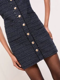 Lipsy Navy Boucle Button Through Short Sleeve Shift Dress