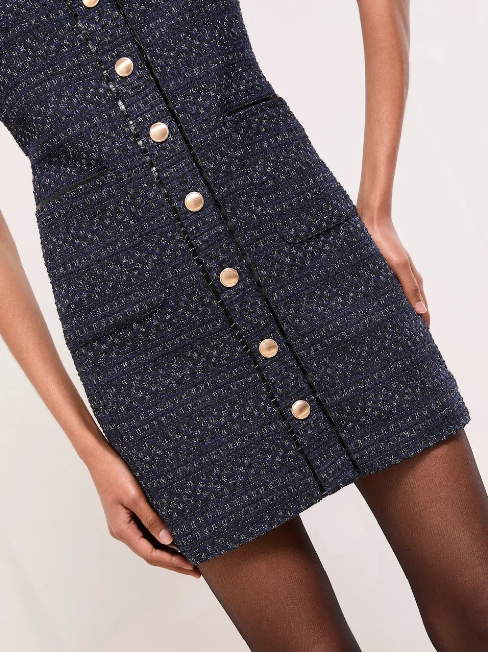 Lipsy Navy Boucle Button Through Short Sleeve Shift Dress