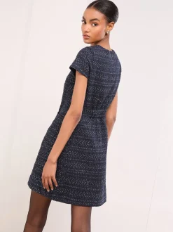 Lipsy Navy Boucle Button Through Short Sleeve Shift Dress