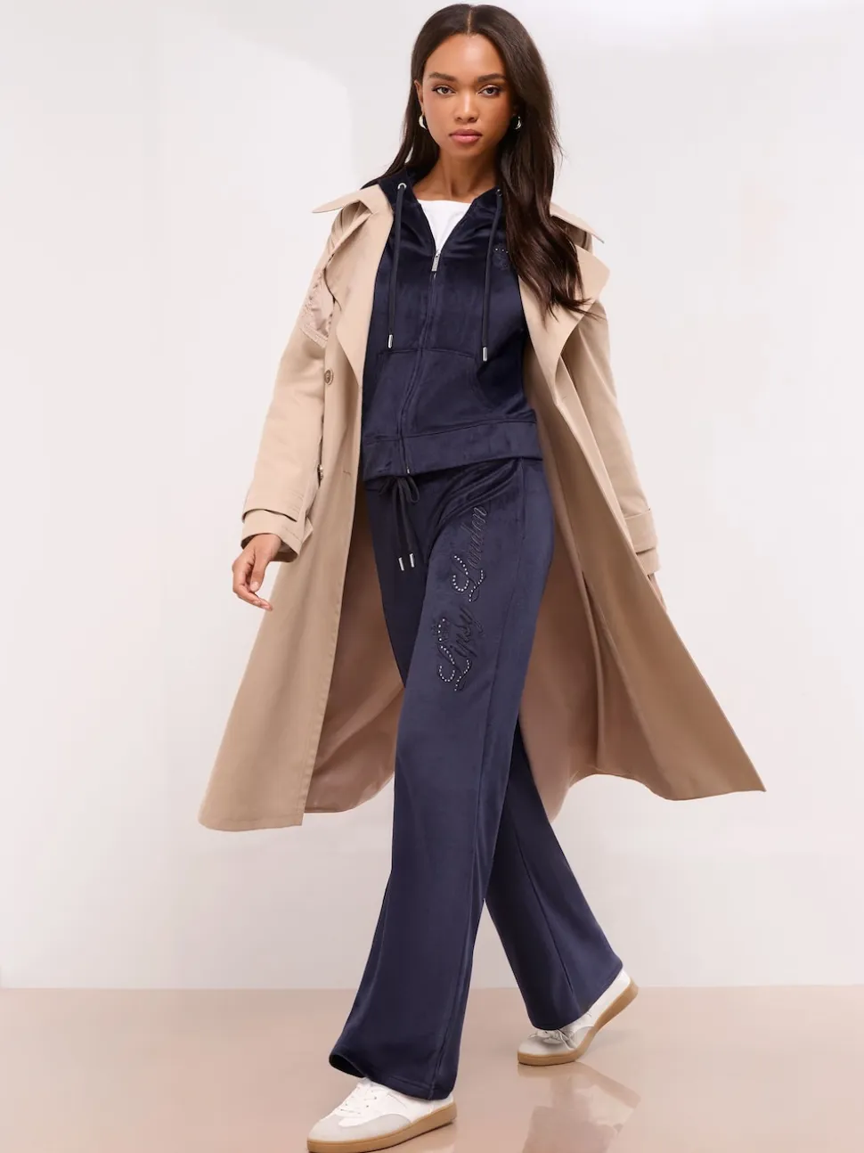 Lipsy Navy Embroidered Velour Relaxed Wide Leg Joggers