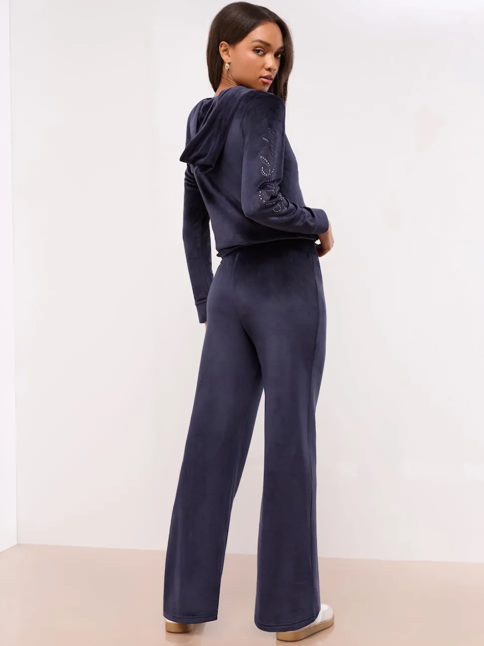 Lipsy Navy Embroidered Velour Relaxed Wide Leg Joggers