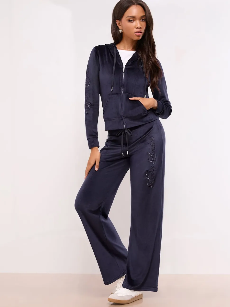 Lipsy Navy Embroidered Velour Relaxed Wide Leg Joggers