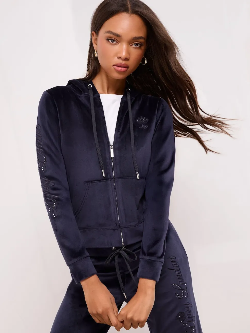 Lipsy Navy Embroidered Velour Zip Through Hoodie