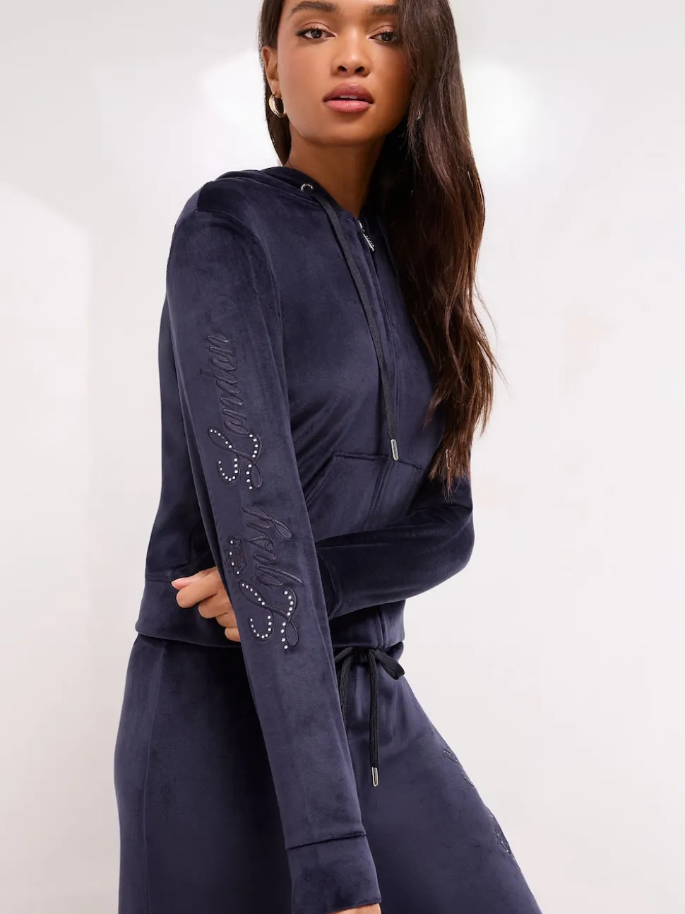 Lipsy Navy Embroidered Velour Zip Through Hoodie