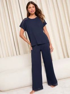 Lipsy Navy Lace Trim Jersey Short Sleeve Trousers Pyjamas Set