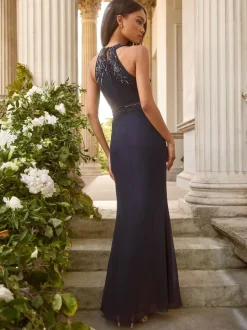 Lipsy Navy Petite Embellished Ruffle Front Halter Wedding Bridesmaid Dress