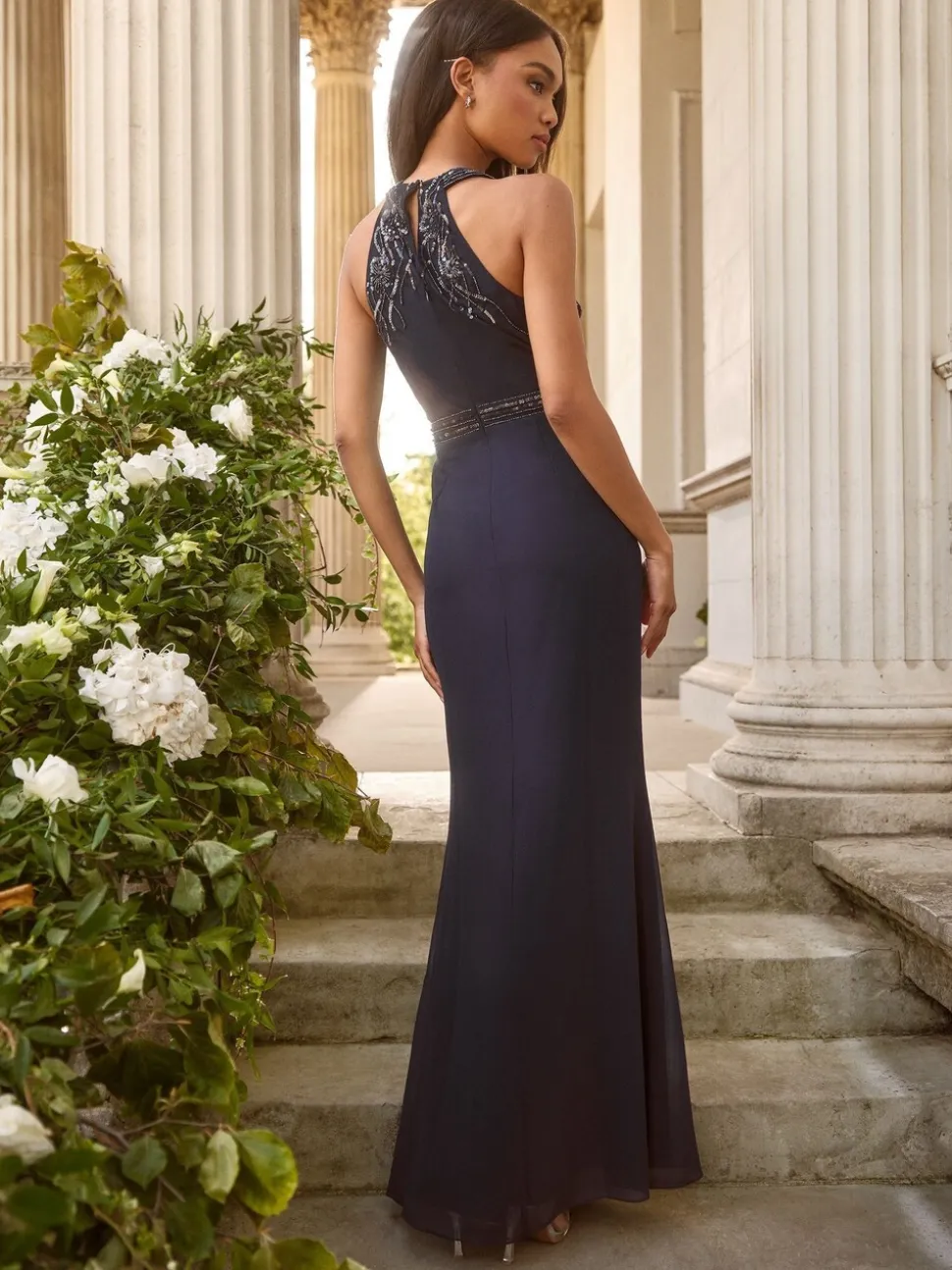 Lipsy Navy Petite Embellished Ruffle Front Halter Wedding Bridesmaid Dress