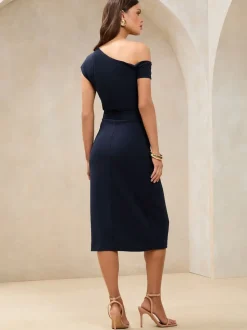 Lipsy Navy Petite Off The Shoulder Gathered Waist Midi Dress