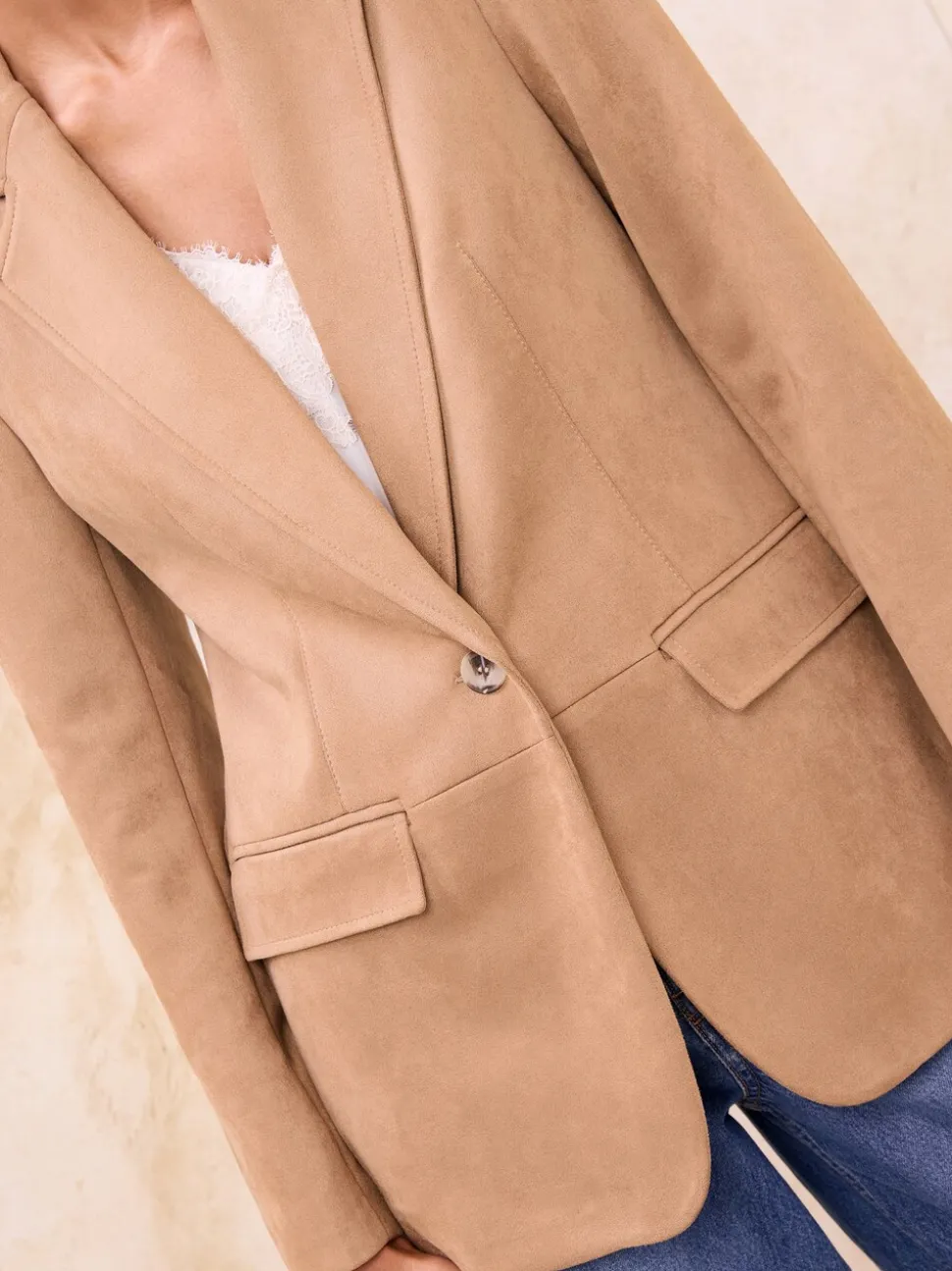 Lipsy Neutral Brown Faux Suede Single Breasted Blazer