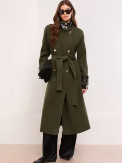 Lipsy Olive Green Petite Croc Effect Funnel Neck Belted Longline Coat