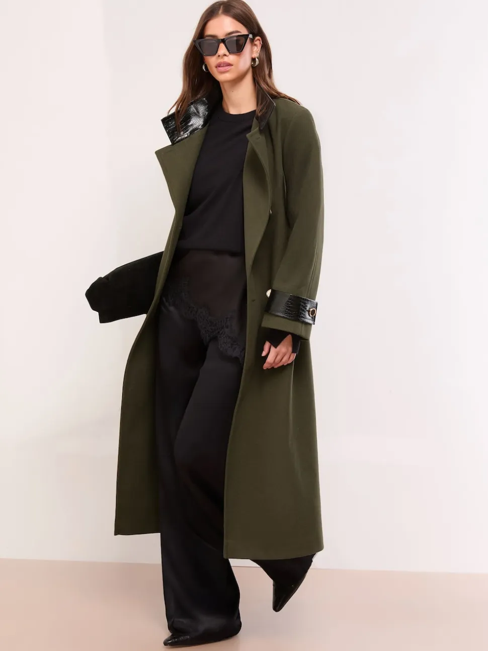 Lipsy Olive Green Petite Croc Effect Funnel Neck Belted Longline Coat