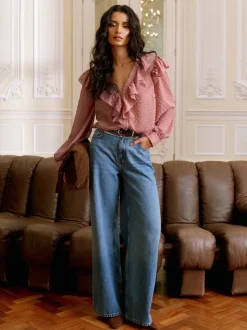 Lipsy Pink Ruffle Dobby Blouse