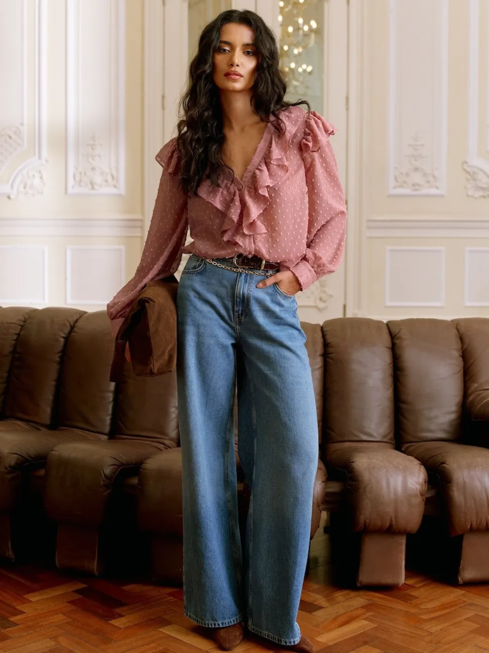 Lipsy Pink Ruffle Dobby Blouse