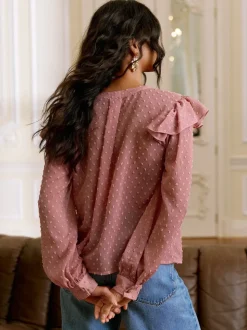 Lipsy Pink Ruffle Dobby Blouse